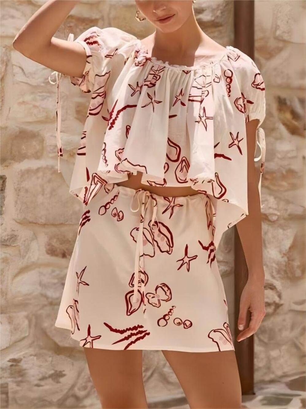 VRG GRL Harry Girl Smock Top Red White Starfish Shell Women's Sz 14
